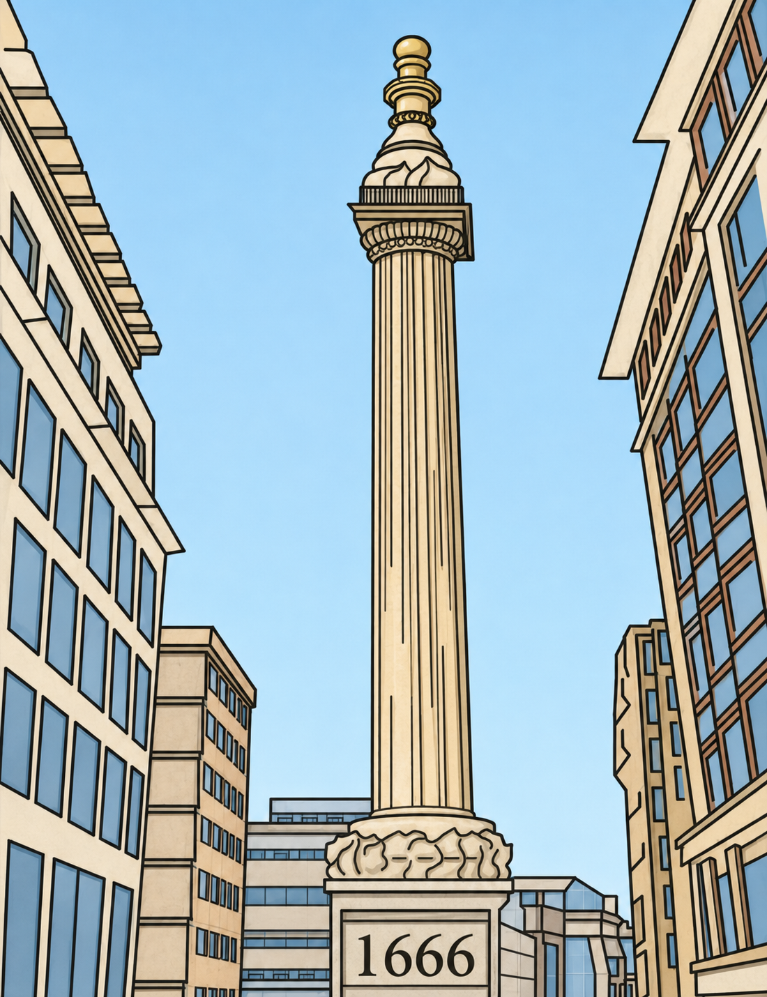 Monumentale Säule zwischen modernen Gebäuden